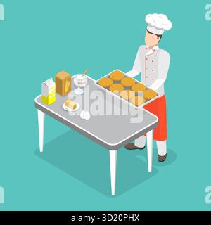 Illustrazione piatta isometrica 3D di Man Baker, cucina professionale Foto Stock