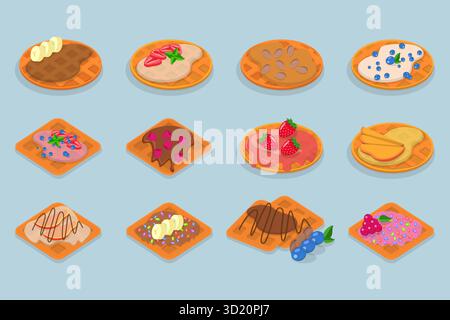Illustrazione isometrica piatta 3D di pasticceria fatta in casa, waffle belgi assortiti con frutti di bosco freschi, crema e gelato Foto Stock