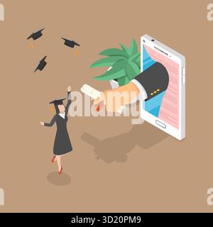 Illustrazione piatta isometrica 3D della cerimonia di laurea virtuale , certificato di apprendimento digitale Foto Stock
