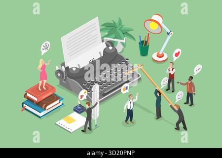 Illustrazione piatta isometrica 3D di Typewriter Together, Journalism and Creativity Foto Stock