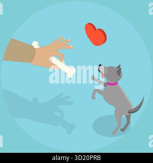 Illustrazione piatta isometrica 3D di dare un regalo agli animali domestici, nutrire e adorabile cucciolo Foto Stock
