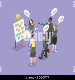Illustrazione piatta isometrica 3D di workshop o discussioni commerciali, che genera idee in una riunione con i colleghi Foto Stock