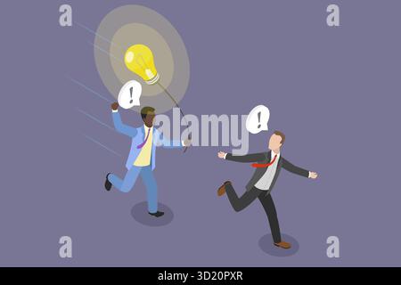 Illustrazione piatta isometrica 3D che illustra il passaggio dell'idea, il passaggio del lavoratore al lavoro, all'attività e all'idea al Business Partner Foto Stock