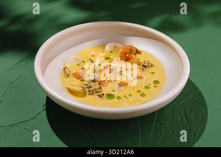 Deliziosa zuppa di pesce guarnita con erbe fresche servita in un'elegante ciotola bianca su un vivace tavolo verde Foto Stock