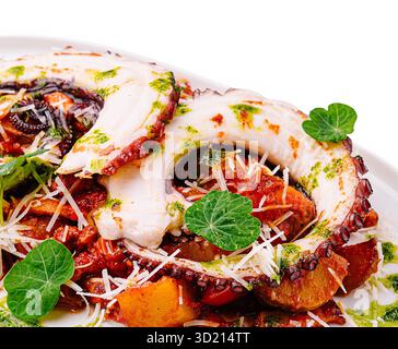 Tentacoli di polpo grigliato serviti con verdure arrostite ed erbe su un piatto bianco Foto Stock