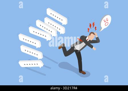 Illustrazione piatta isometrica 3D di sovraccarico, l'uomo d'affari frustrato sfugge al sovraccarico di comunicazione e allo spam nelle riunioni online. Foto Stock