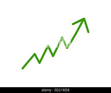 Grafico a freccia a zig-zag verde disegnato a mano con il simbolo del vettore verso l'alto isolato su sfondo bianco che rappresenta il progresso della crescita e il business Illustrazione Vettoriale