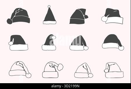 Set di silhouette cappello di babbo Natale, contorno cappello di babbo Natale, cappello di babbo Natale svg, silhouette cappello di babbo Natale, contorno cappello di babbo Natale. Illustrazione Vettoriale