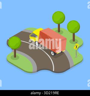 Illustrazione piatta isometrica 3D del segnale stradale di ribaltamento del veicolo, semirimorchio in pericolo di ribaltamento su una carreggiata curva Foto Stock