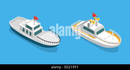 Illustrazione piatta isometrica 3D di Yachts Maritime Ships , Shipping Boats on the Sea Foto Stock