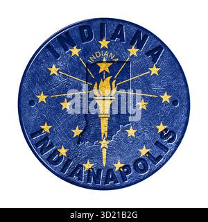Pulsante bandiera Indiana con mappa, stile retro Foto Stock