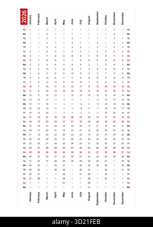 Calendario verticale a una riga 2026, domenica primo giorno della settimana. Calendario vettoriale. Illustrazione Vettoriale