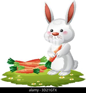 Simpatico coniglio bianco che regge carote, circondato da carote, seduto su una toppa erbosa, illustrazione vettoriale Illustrazione Vettoriale