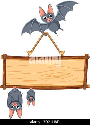 Tre pipistrelli dei cartoni animati interagiscono giocosamente con un segno di legno vuoto in un'immagine vettoriale stravagante. Illustrazione Vettoriale