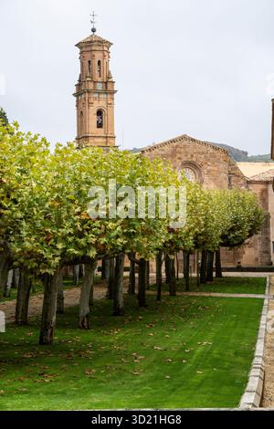 Passeggiata alberata che conduce alla porta della chiesa, monastero reale di Santa María de Veruela, abbazia cistercense del XII secolo, vera de M. Foto Stock