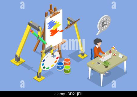 Illustrazione piatta isometrica 3D della tecnologia artistica generata dall'intelligenza artificiale, che produce opere d'arte digitali di grande impatto Foto Stock