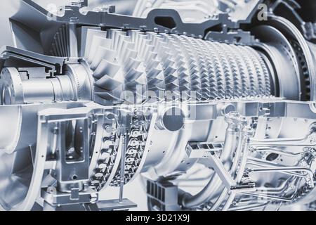 Motore interno con turbina a gas, High Precision Advance Engineering. Rotore con pale della ventola di grandi dimensioni in motori a getto o centrali elettriche a vapore. Foto Stock