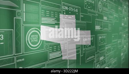 Visualizzazione dei pannelli dati che intersecano il simbolo più sull'interfaccia verde, con letture numeriche Foto Stock