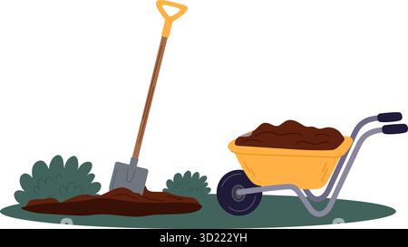 Carriola da giardino carica di terreno. Lavoro di giardinaggio. Escavatore a terra. Strumento agricolo. Coltivazione agricola. Orticoltura terra scavata Illustrazione Vettoriale