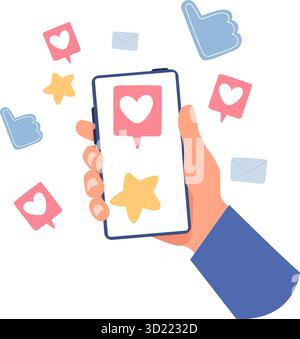 Mano che tiene in mano lo smartphone mobile con icone simili, di posta e di valutazione a stelle. Interazione con le reti di social media. Ama i cuori e approva i gesti del braccio Illustrazione Vettoriale