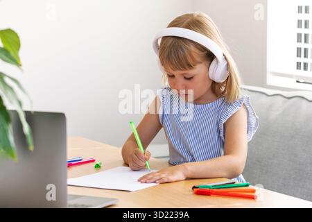 Formazione online. Una ragazza con le cuffie ascolta un'insegnante utilizzando un computer portatile a casa. Istruzione Foto Stock