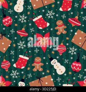 Motivo natalizio senza cuciture. Albero di Natale con decorazioni. Confezioni regalo. Fiocchi di neve invernali. Stampa ripetuta. Biscotti al pan di zenzero o pupazzo di neve. Calzino presente Illustrazione Vettoriale