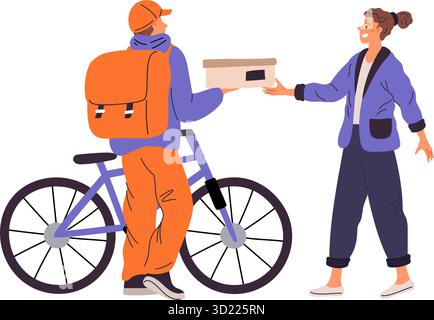 Il corriere di biciclette ha consegnato la confezione di merci alla donna. Consegna di cibo. Servizio Deliveryman. Logistica espressa. Postino che trasporta l'ordine postale al cliente Illustrazione Vettoriale