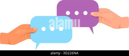 Mani che tengono le bolle vocali. Dialogo altoparlanti. Connessione sociale. Comunicare parlare. Braccia con frame di chat. Discussioni e dibattiti. Concetto vettoriale di Illustrazione Vettoriale