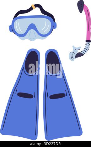 Attrezzatura per immersioni. Attrezzi per lo snorkeling. Snorkeling e pinne. tubo sott'acqua. Maschera subacquea acquatica con occhiali di protezione. Nuoto subacqueo. Tempo libero sulla spiaggia dell'oceano Illustrazione Vettoriale