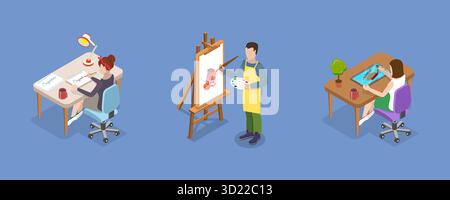 Illustrazione piatta isometrica 3D di sviluppo della creatività , acquisizione di conoscenze e competenze Foto Stock