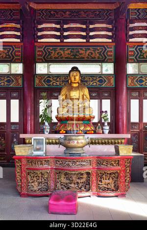 Statua del Buddha d'oro, Tempio delle grotte di Chin Swee, Genting Highlands, Pahang, Malesia. Interno decorato del tempio buddista con altare, incenso e offerte Foto Stock