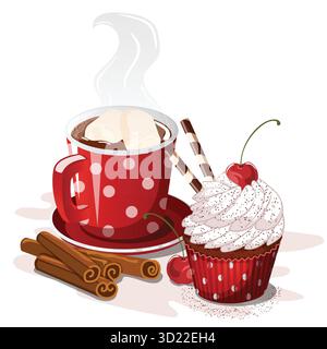 Bevanda natalizia fumante e dolcetto: Cioccolata calda con marshmallow e una torta decorata - illustrazione vettoriale Illustrazione Vettoriale