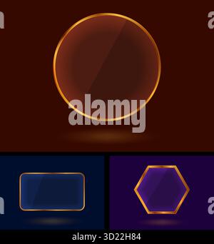 Collezione di lussuose cornici geometriche dorate con effetto vetro. Quadri esagonali, circolari e rettangolari. Progettazione vettoriale Illustrazione Vettoriale