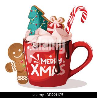 Cioccolata calda con marshmallow, biscotti al pan di zenzero e canna di caramelle - allegra illustrazione di cartoni animati natalizi Illustrazione Vettoriale