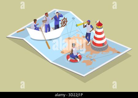 Illustrazione piatta isometrica 3D dei lavoratori marini nell'oceano, equipaggio della nave Foto Stock