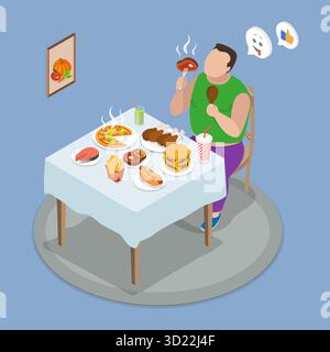 Illustrazione piatta isometrica 3D di dieta malsana, concetto di mangiare troppo Foto Stock