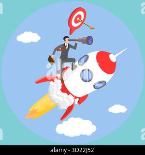 Illustrazione piatta isometrica 3D della nuova strategia aziendale, raggiungimento degli obiettivi Foto Stock