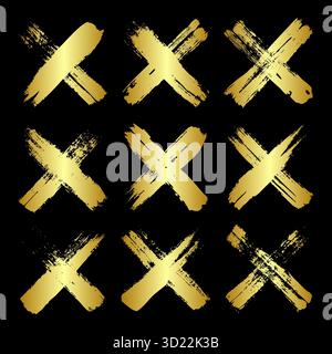 Croci grunge dorate, tratti di pennello, linee, macchie d'inchiostro, forme di scarabocchi disegnate a mano. Disegni fatti a mano, macchie acriliche, strisce di carbone. Vernice Illustrazione Vettoriale