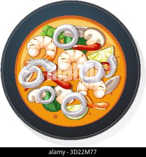 Illustrazione vettoriale della zuppa di pesce piccante Tom Yum con gamberi, calamari, lime ed erbe sopra la testa Illustrazione Vettoriale