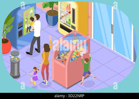 Illustrazione piatta isometrica 3D di distributori automatici, attrezzature per la vendita di alimenti Foto Stock