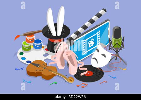 Illustrazione piatta isometrica 3D delle arti creative, hobby diversi Foto Stock