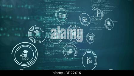 Elementi di interfaccia mobili sul dashboard dell'interfaccia utente con salvadanaio, server, collegamenti a catena e icone di file Foto Stock