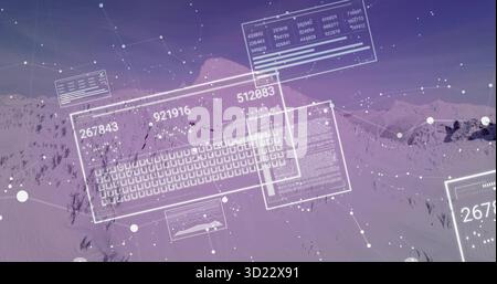 Interfaccia olografica proiettata che mostra tastiera, pannelli numerici e griglia sopra picchi viola innevati Foto Stock