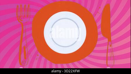 Visualizzazione della lastra sul tappetino rosso in turbolenza rosa che mostra il motivo del cuore della forcella arancione-giallo e i contorni dei coltelli Foto Stock