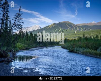 Il tranquillo fiume scorre attraverso la lussureggiante foresta con lo sfondo di montagne sotto un cielo azzurro. Kananaskis, Alberta, Canada Foto Stock