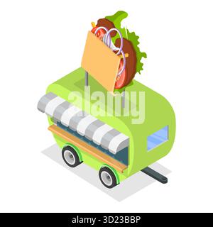 Illustrazione piatta isometrica 3D di Street Food Trucks, ristorante mobile. Punto 2 Foto Stock