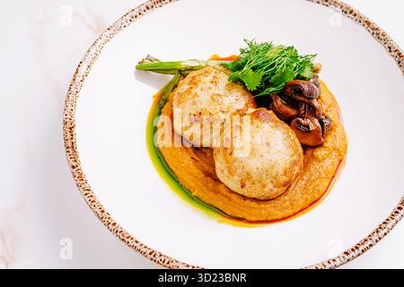 Morbide polpette di pollo servite su una purea di verdure lisce, accompagnate da funghi saltati, asparagi arrostiti e He fresco Foto Stock
