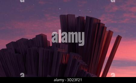 Sagoma astratta di un paesaggio urbano su un vivace cielo al tramonto con stelle visibili. Illustrazione, rendering Foto Stock