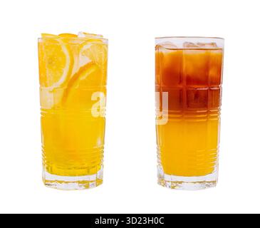 Bevande rinfrescanti servite in bicchieri alti con limone e tè freddo Foto Stock
