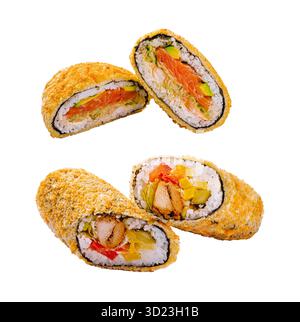 Sushi croccanti di pollo ripieni di verdure su sfondo bianco Foto Stock
